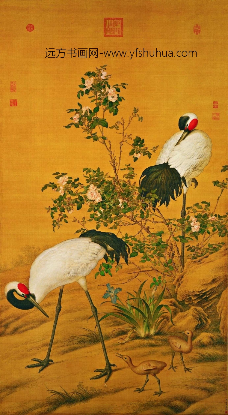 清 郎世宁 花卉双鹤图轴绢本150x82