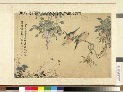 清李敬画花鸟图册紫藤蜂鸟